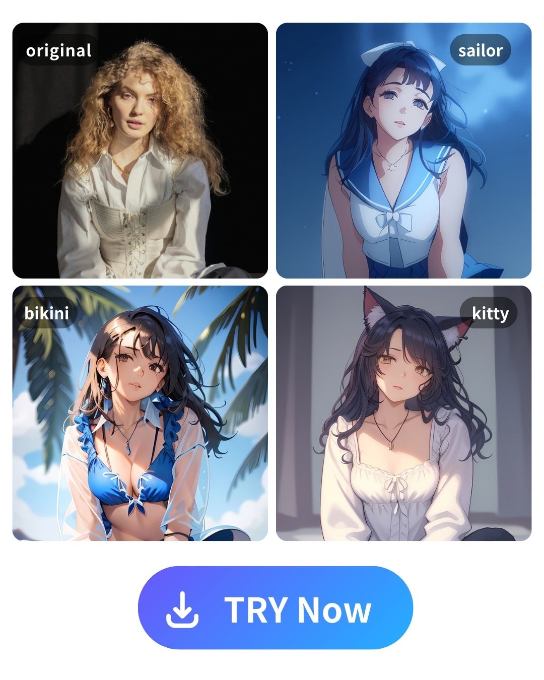 an original photo and anime face in sailor, bikini and kitty styles